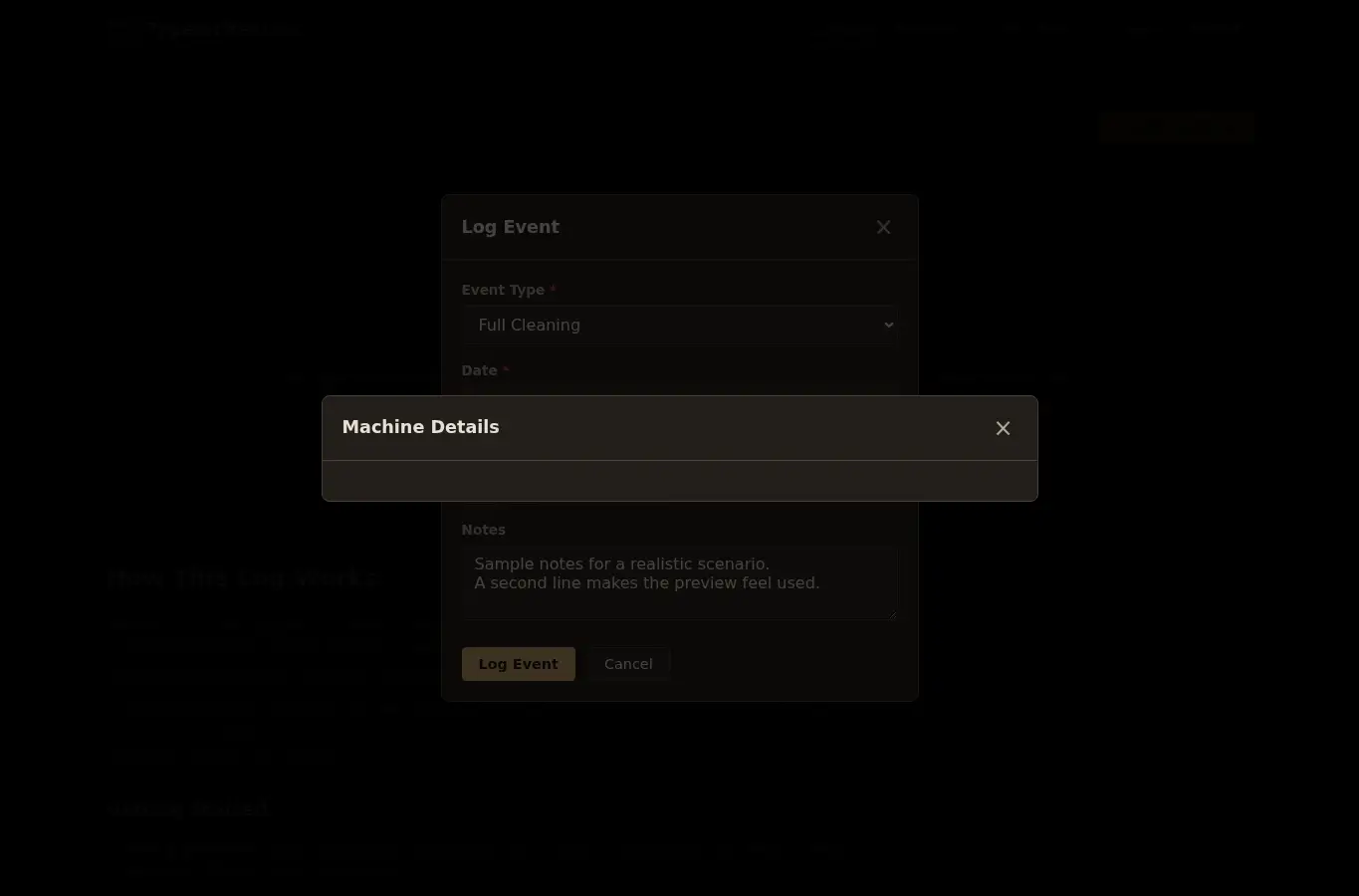 Screenshot of Vintage Typewriter Maintenance Log interface showing the project page in use